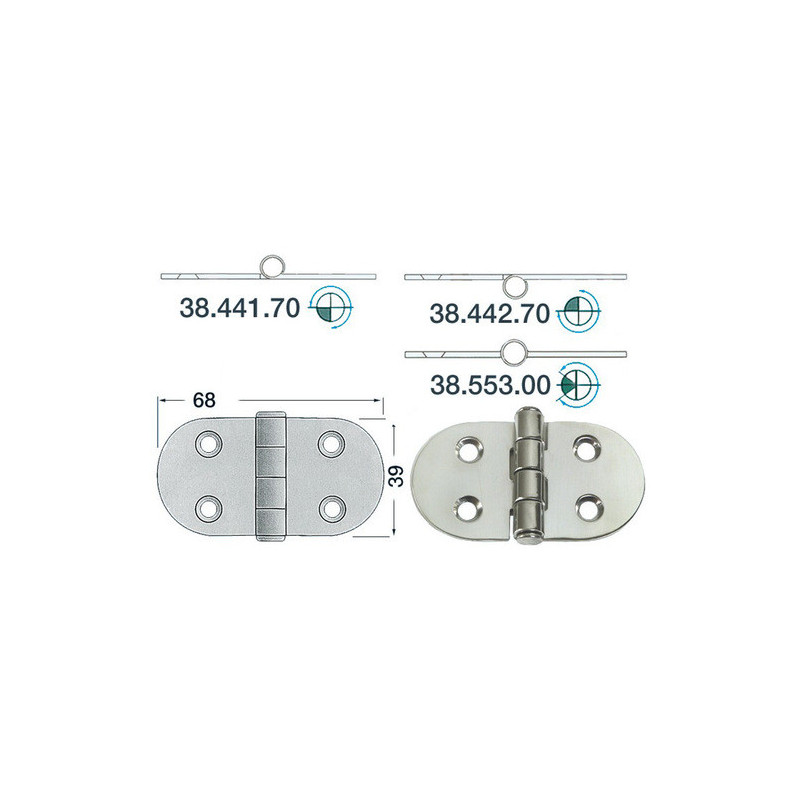 Charnière inox 2 mm - 68 x 39 mm - noeud saillant
