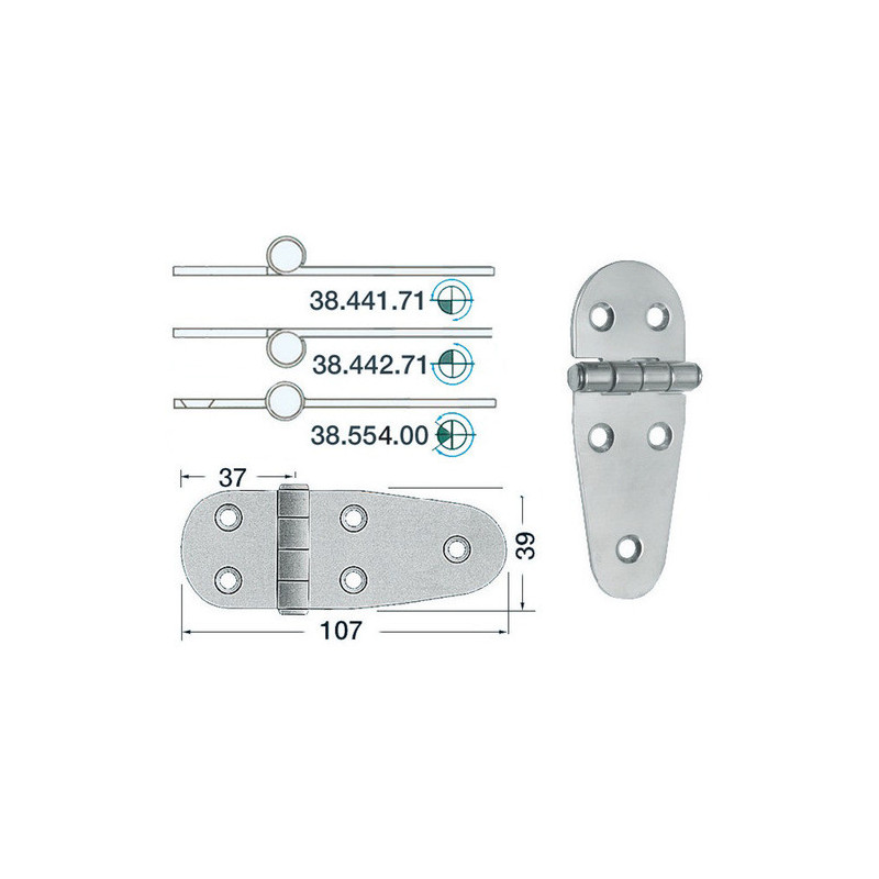 Charnière inox 2 mm - 101 x 41.5 mm - noeud à moitié encastré