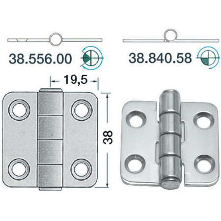 Charnière inox 2 mm - 38 x 39 mm - noeud saillant