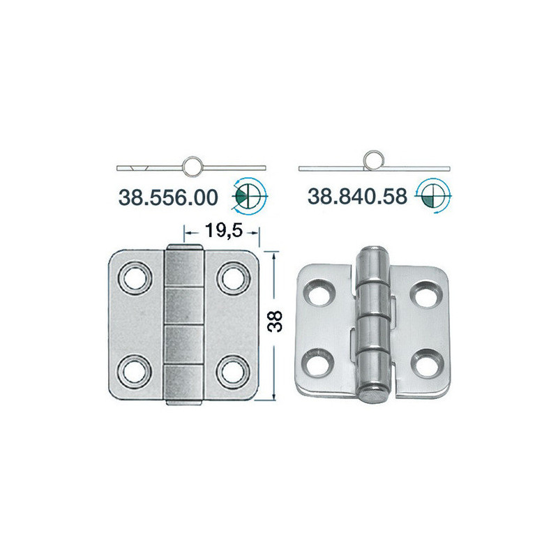 Charnière inox 2 mm - 38 x 39 mm - noeud saillant