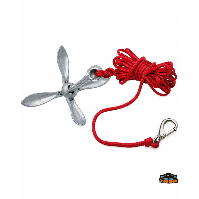Kit d'amarrage pour annexes et petits pneumatiques avec ancre de 1,5 kg et flotteur.